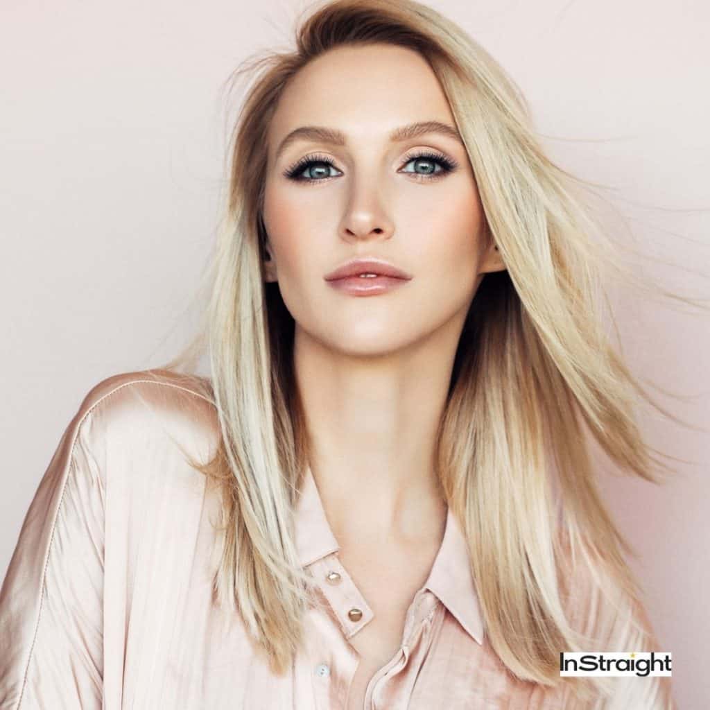 blonde lady with long, straight hair beside Keratin vs brazilian blowout poster